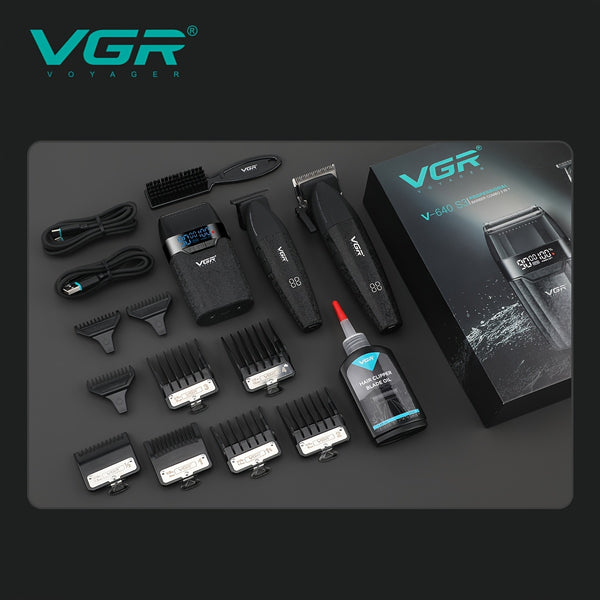 The VGR Men'S Electric Hair Clipper And Trimmer Set Features Interchangeable Ceramic Blades, Operates at High Speeds with 9000 RPM, Includes a Professional Hair Clipper with an LCD Display