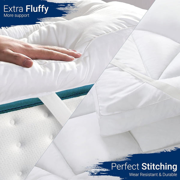 Extra Thick Mattress Topper, 10cm/4Inch Microfiber Overfill, Plush Soft Surface, Four-Corner Elastic Straps for Secure Fit, Anti-Shift & Even Weight Distribution, Fits Single/Double/King/Super King UK Beds