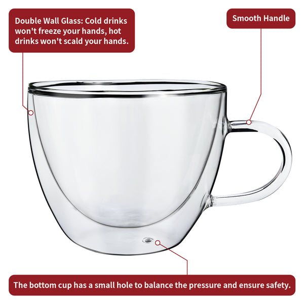 Vinsani Double Walled Coffee Drink Glasses Tea Cup Mug Heat Cold Resistant Aesthetic Clear Borosilicate Glass with Handle Cappuccino Latte Tea Dessert Hot and Cold Drinks