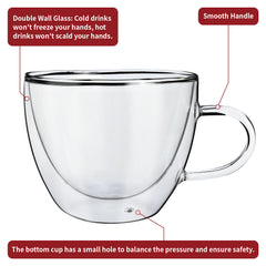Vinsani Double Walled Coffee Drink Glasses Tea Cup Mug Heat Cold Resistant Aesthetic Clear Borosilicate Glass with Handle Cappuccino Latte Tea Dessert Hot and Cold Drinks