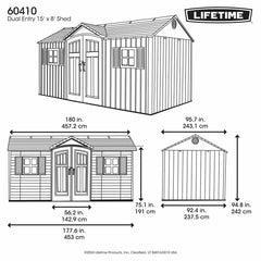 Lifetime 15Ft X 8Ft (4.5 X 2.5M) Dual Entry Outdoor Storage Shed - Model 60410