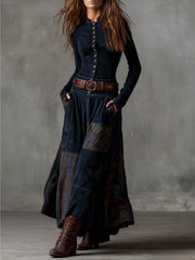 A Retro-Style Maxi Dress Featuring a Stand Collar, Single-Breasted Buttons, And a Waist-Cinched Design with Pockets And a, Adorned with Contrasting Check Patterns, Ideal for Daily Wear And Vintage-Themed Events