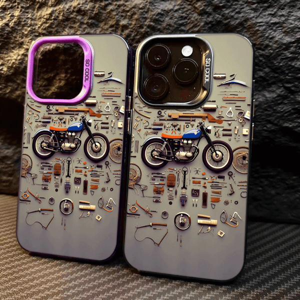 Phone Case - A Colorful Silver Phone Case Featuring a Retro Motorcycle Parts Disassembled Art Design, Compatible with Various for Iphone Including for Iphone 17 Pro Max, 16, 15, 14, 13, 12, And 11 Series, Designed to Be Stylish And Anti-Fall