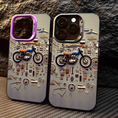 Phone Case - A Colorful Silver Phone Case Featuring a Retro Motorcycle Parts Disassembled Art Design, Compatible with Various for Iphone Including for Iphone 17 Pro Max, 16, 15, 14, 13, 12, And 11 Series, Designed to Be Stylish And Anti-Fall