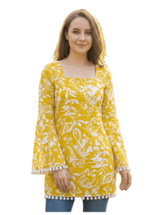 Estationeryhouse Cotton Printed Kurta Top, Long Sleeves, with White Tassels and Drawstring for Adjusting at Back