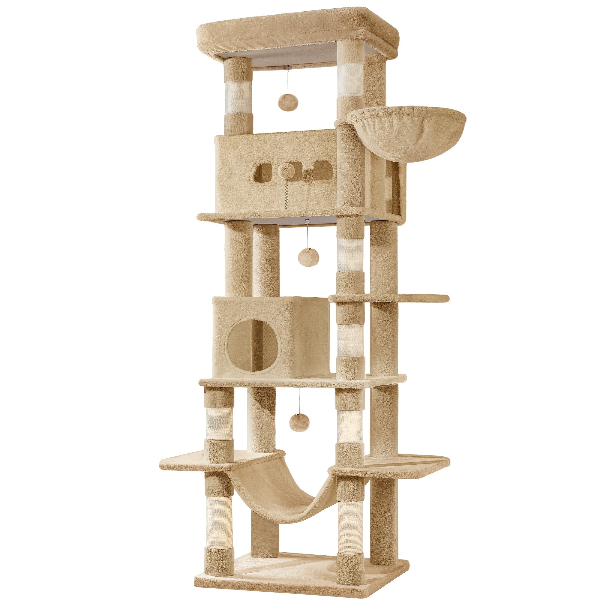 Cat Tree for Indoor Cats, 210cm Large Tall Cat Tower, Multi-Level Cats House with Condo, 8 Scratching Posts, Hammock, 4 Pom Poms