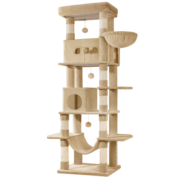 Cat Tree for Indoor Cats, 210cm Large Tall Cat Tower, Multi-Level Cats House with Condo, 8 Scratching Posts, Hammock, 4 Pom Poms