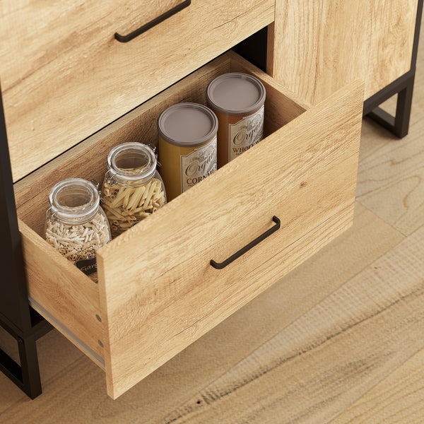 160cm Tall Kitchen Cupboard, Kitchen Pantry Sideboard with 2 Open Shelves, 2 Drawers, Adjustable Shelves and Soft Close Door, Storage Cabinet for Living Room, Dinning Room, Natural Wood Finish