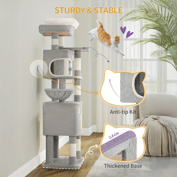 HZUANERI 180cm Multi-Level Cat Tree with 8 Scratching Posts, 3 Platforms, 2 Dens, Basket & Plush Balls - Durable Sisal Rope for Indoor Cats of All Sizes, Space-Saving Design for Climbing, Resting & Play, Cat Climbing Tower, Pet Activity Center, Modern Pet