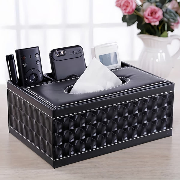 Multi-Functional Faux Leather Tissue & Storage Box with 4 Compartments, Includes Remote Control & Household Napkin Storage, Wipe-Clean in Seconds, Ideal for Living Room, Study & Café Countertops, Perfect for Home Supplies, Back to School & Festive Decorat