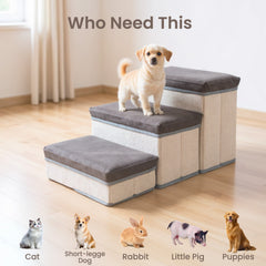 Foldable Dog Stairs, 3 Tier Pet Steps with Storage, Adjustable Dog Ramp for Bed and Sofa, Soft Flannel Pet Stairs for Small & Medium Dogs and Cats