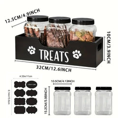 5-in-1 Wooden Pet Food Storage + 3 Plastic Jars + 1 Sticker – Uncharged Container for Dog & Cat Food Storage – Durable Wood Material Farmhouse Style Organizer for Pet Treats