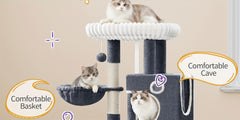 98cm Cat Tree, Cat Tower for Indoor Cats, Multi-Level Cats House Furniture with Scratching Post, 2 Caves, Large Platform, Scratching Ramp, Pompom, Light Grey