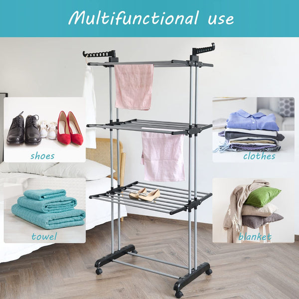 Foldable Extra Large Clothes Drying Rack 4 Tier For Indoor Outdoor Laundry Room Laundry Garment Dryer Stand Adjustable Rolling Laundry