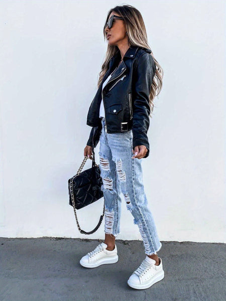 2025 New Cool Biker Style Women's Short Zip Faux PU Leather Jacket - Spring Autumn Sizes S-XL