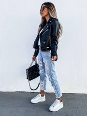 2025 New Cool Biker Style Women's Short Zip Faux PU Leather Jacket - Spring Autumn Sizes S-XL