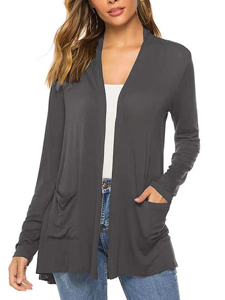 Women Simple Style Cardigan, Solid Color Long Sleeve Knitwear with Pockets, S/ M/ L/ XL/ XXL
