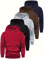 5pcs Men's Long Sleeve Sweatshirt Hoodie, Autumn/Winter Solid Color Plain Hooded Pullover with Drawstring Design and Kangaroo Pocket, Men's Casual Sportswear Top