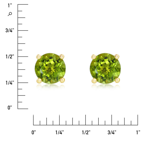 Round Cut Peridot Stud Earrings, 14Ct Yellow Gold