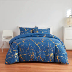 1set Blue Gilded Stone Pattern Printed Shimmering Bedding Set of Three Pieces, Equipped with 2 Pillowcases Suitable for All Seasons and 1 Soft and Comfortable Duvet Cover