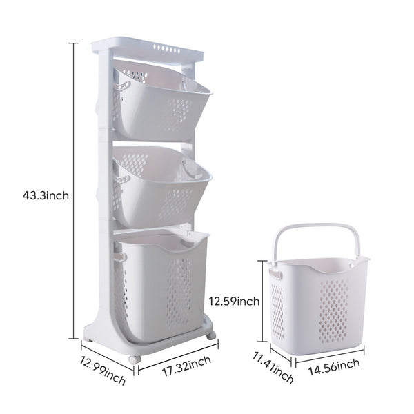 3 Tier Clothes Hamper with Wheels, Rolling Laundry Storage Cart, Portable Baskets, for Bedroom, Bathroom, Dormitory, Apartment, Laundry Room, Small Living Space, Laundry Baskets