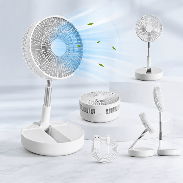 A2Z 8 Inch Rechargeable USB Foldable Desk Fan – Portable White Cooling Fan with Adjustable Height & Tilt, 5-Blade Quiet Operation, LED Indicator & Compact Design for Home, Office & Travel Use