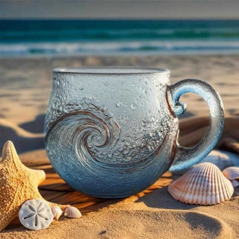 Sea Glass Wave Coffee Mug, 12oz Ocean Wave Glass Mug with Handle, Frosted Captivating Artistic Beach Theme Coffee Cups Gift for Ocean Lovers, Drinking Coffee, Tea, Wine, Cocktails