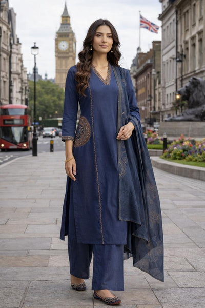 TeamWear* Womens Cotton Embroidered Neck and Dual Pockets Kurta Set with Palazzo and Contrast Dupatta