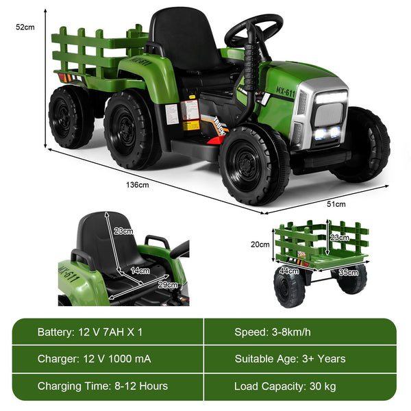 12V Kids Ride on Tractor with Trailer Music and LED Lights