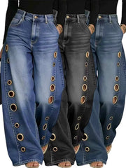 Women's Retro High Elasticity Denim Pants with Metal Circles Design- Long Versatile Jeans for Women, High-waist Trousers, Trendy Womens Clothes for Summer, All Seasons Style, Fabric, Hand Washable, Slim Fit, Suit for Daily Wear