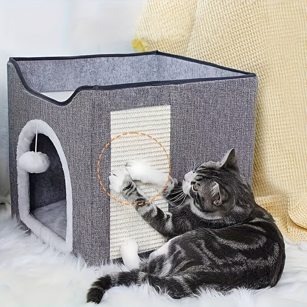 1 Luxury Cat House, Double-Decker Cat Bed with Fluffy Balls And Scratchboards - Foldable, Closed Cat Villa, Suitable for Indoor Cats And Small Dogs, Comfortable All Season, Soft Fabric, Cat House Villa; Modern Cat Bed; Durable Cat Bed, Cat Furniture