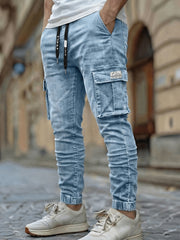 Men'S Slim Fit Multi-Pocket Jeans, Four Seasons Workwear Denim Trousers for Men, Washed Micro-Elastic Fabric, Elastic Waistband, Suitable for Leisure And Work
