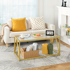 Modern Glass Coffee Table with Golden Frame - Minimalist Tempered Glass Top Center Table Suitable for Living Room, Easy Assembly, Sturdy Metal Frame & Glass, Sofa Side Tea Table