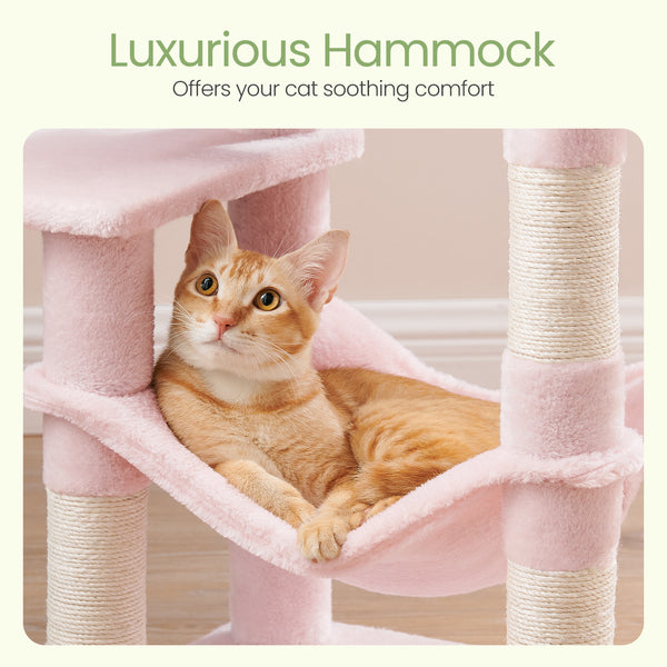 112 cm Cat Tree, Multi-Level Soft Plush Cat Tree, Cat Tower Condo with 4 Cat Scratching Posts, Hammock, Cave, Platform, Toys, Pink/White/Beige/Grey, Easy Assembly and Sturdy, Indoor Cat Furniture