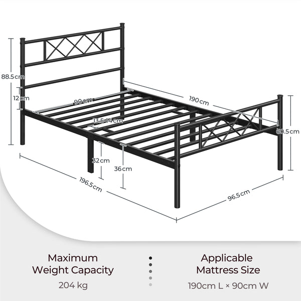 Costoffs Bed Frame, Simple Metal Bed Frame, Metal-Framed Bed Base with Storage, Bed Foundation for Small Space, Easy Assembly Bed Foundation with Cross-design Headboard and Footboard for Bedrooms, Single/Double/king, Black/White/Pink