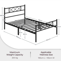 Costoffs Bed Frame, Simple Metal Bed Frame, Metal-Framed Bed Base with Storage, Bed Foundation for Small Space, Easy Assembly Bed Foundation with Cross-design Headboard and Footboard for Bedrooms, Single/Double/king, Black/White/Pink