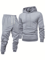8pcs Men'S Hooded Sweatshirt + Sweatpants Autumn And Spring Casual Sports Suit Solid Color Plain Pullover Regular Long Sleeve Hoodie And Drawstring Elastic Waist Ribbed Ankle Pants