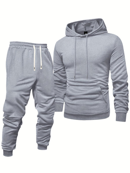 8pcs Men'S Hooded Sweatshirt + Sweatpants Autumn And Spring Casual Sports Suit Solid Color Plain Pullover Regular Long Sleeve Hoodie And Drawstring Elastic Waist Ribbed Ankle Pants