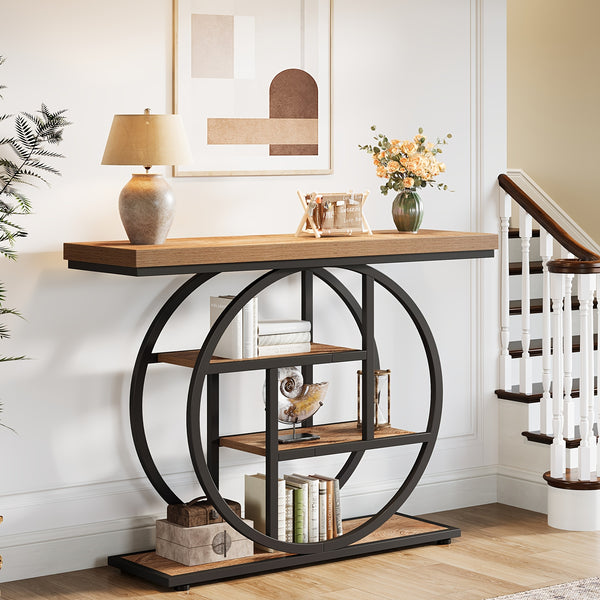 Four Story Console Table Slim Hallway, Entrance Table with Circular Base, Narrow Wooden Decorative Table with Storage Rack, Console Table for Living Room.
