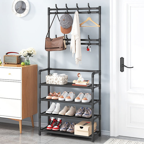 Large Capacity Coat Rack Stand, Metal Hall Tree with 8 Hooks Bag Hat Hanger and Non Woven Fabric Shoe Shelves, Modern Clothes Rack, Versatile 4 Tiers Shoe Rack Bench with Metal Frame for Entryway Hallway Living Room Clothes Drying Rack