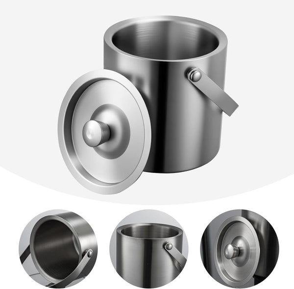 Double-Walled Stainless Steel Ice Bucket with Handle Keeps Cocktails, Beer, Wine Champagne Cold Longer Perfect for Home, Bars, Parties Outdoor Events