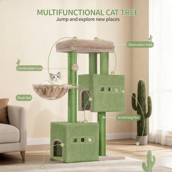 98 Cm Scratching Post, Cat Tree, Small Scratching Post, Multi-Storey Scratching Post with Perch, Cat House Furniture with 2 Caves, Sisal Cat Scratching Post, Hammock, Cave