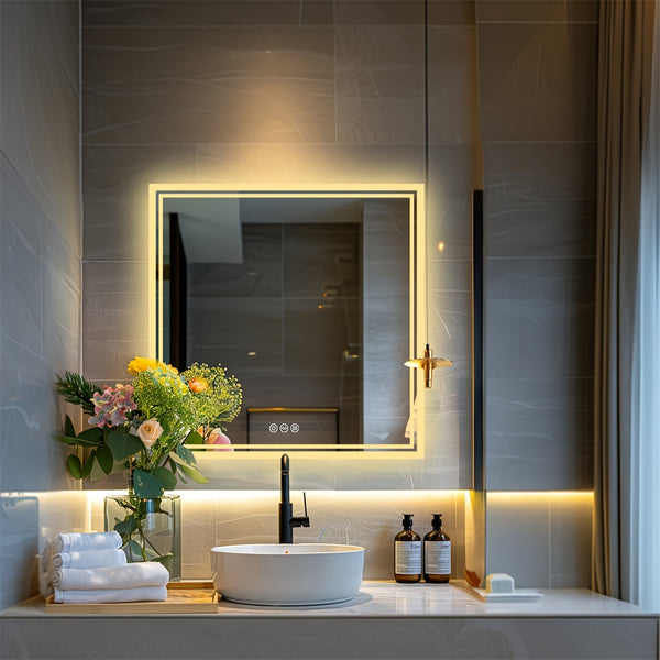 Square LED Bathroom Mirror Measuring 800X800Mm, Featuring Illuminated Backlighting, Wall Mounting, an Anti-Fog Demister, a Smart Touch Button, And Dimmable Settings for Makeup Application
