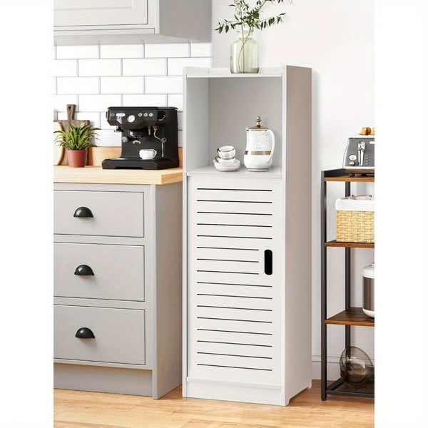 Bathroom Storage Cabinet | White Wood-Plastic Freestanding Organizer | 3-Tier with Slatted Doors & Open Shelf | Space-Saving Design for Bathroom, Kitchen, Bedroom | Modern Minimalist Style, Versatile Cabinet | Slatted Door Design | Woodplastic Material, B