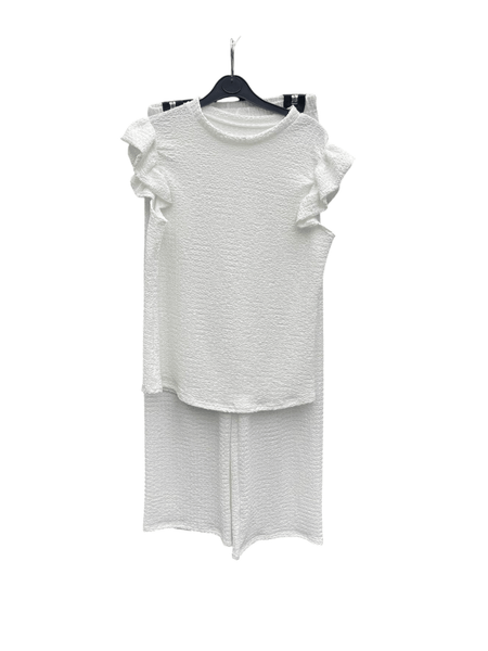 Women'S Textured Cheesecloth Frill Sleeve Top Trouser 2pcs Co Ord Loungewear Set