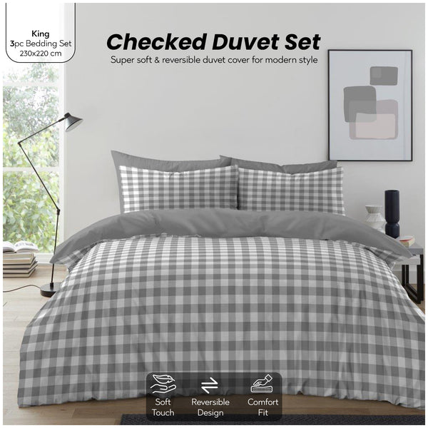 Gingham Moor Check Duvet Cover Set | Plain Reversible Microfibre Quilt Bedding with a Soft Lightweight Feel and Stylish Check Design | Ultra-Soft Matching Pillowcases for Everyday Bedroom Comfort | Available in Single, Double, King Sizes | Fast Dispatch f