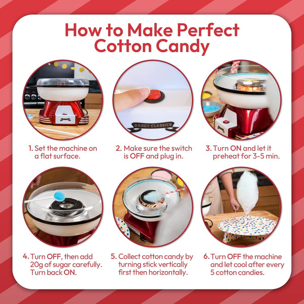 Gadgy Candy Floss Machine for Kids & Adults, Retro Cotton Maker, Suitable for Sugar or Candies, Including 10 Candyfloss Sticks, 500W, Red & White