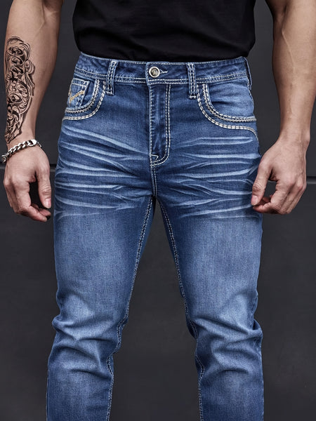 Men'S Elastic Washed Denim Jeans with Thick Line Embroidery on The Front And Back Pockets
