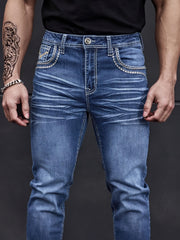 Men'S Elastic Washed Denim Jeans with Thick Line Embroidery on The Front And Back Pockets