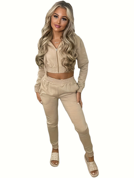 Women'S Fleece Hoodie Hooded Crop Top And Leisure Set